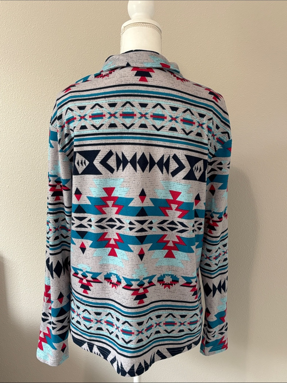Aztec Print Quarter-Zip Pullover Top - Teal & Gray - Picture 2 of 4